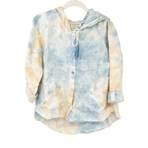 Rachel Zoe Women Boho Tie Dye 100%‎ Linen Hooded Button Up Shirt Top Size M